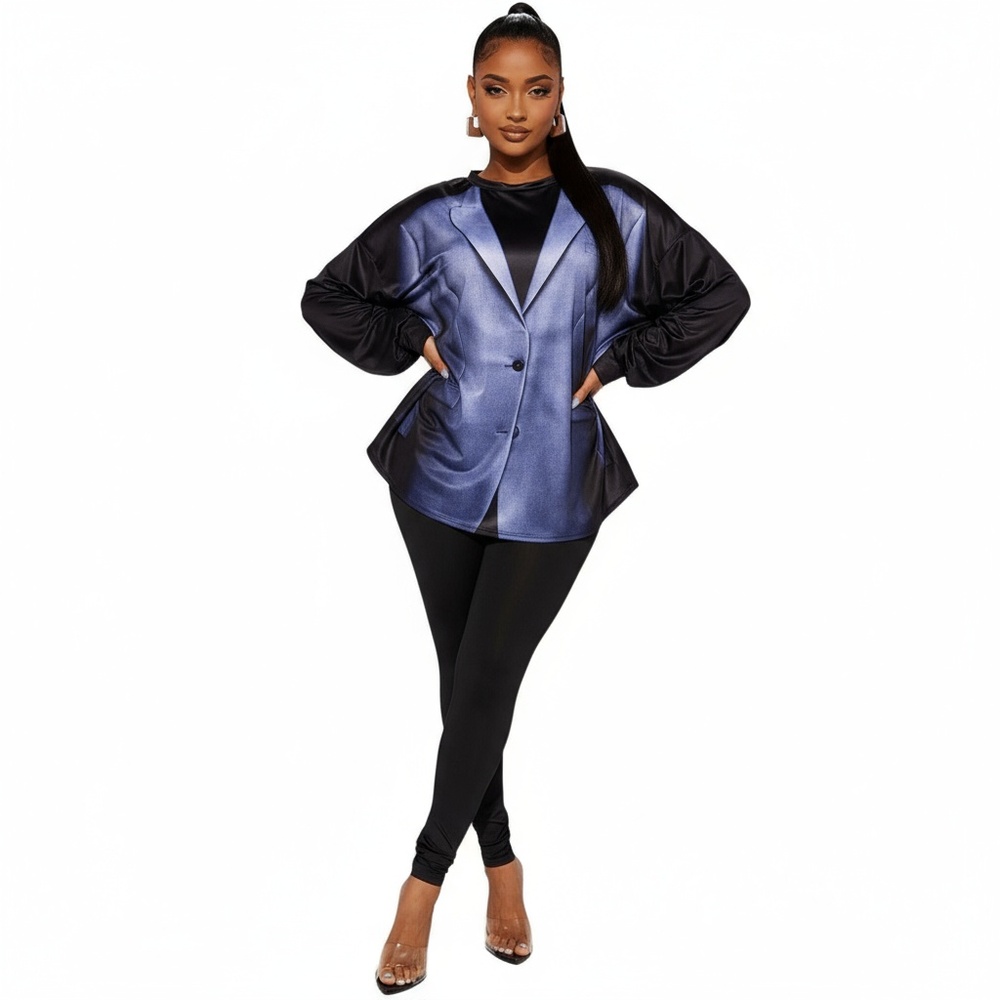 FN Womens‎ Black Blue Blazer Print Legging Set Trendy Casual Size Small